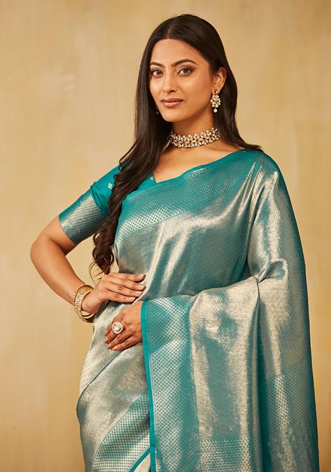 Teal Blue Woven Silk Saree Set