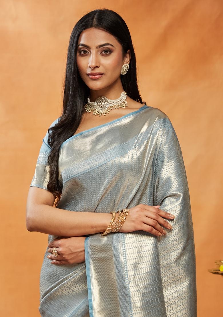 Sky Blue Woven Silk Saree Set