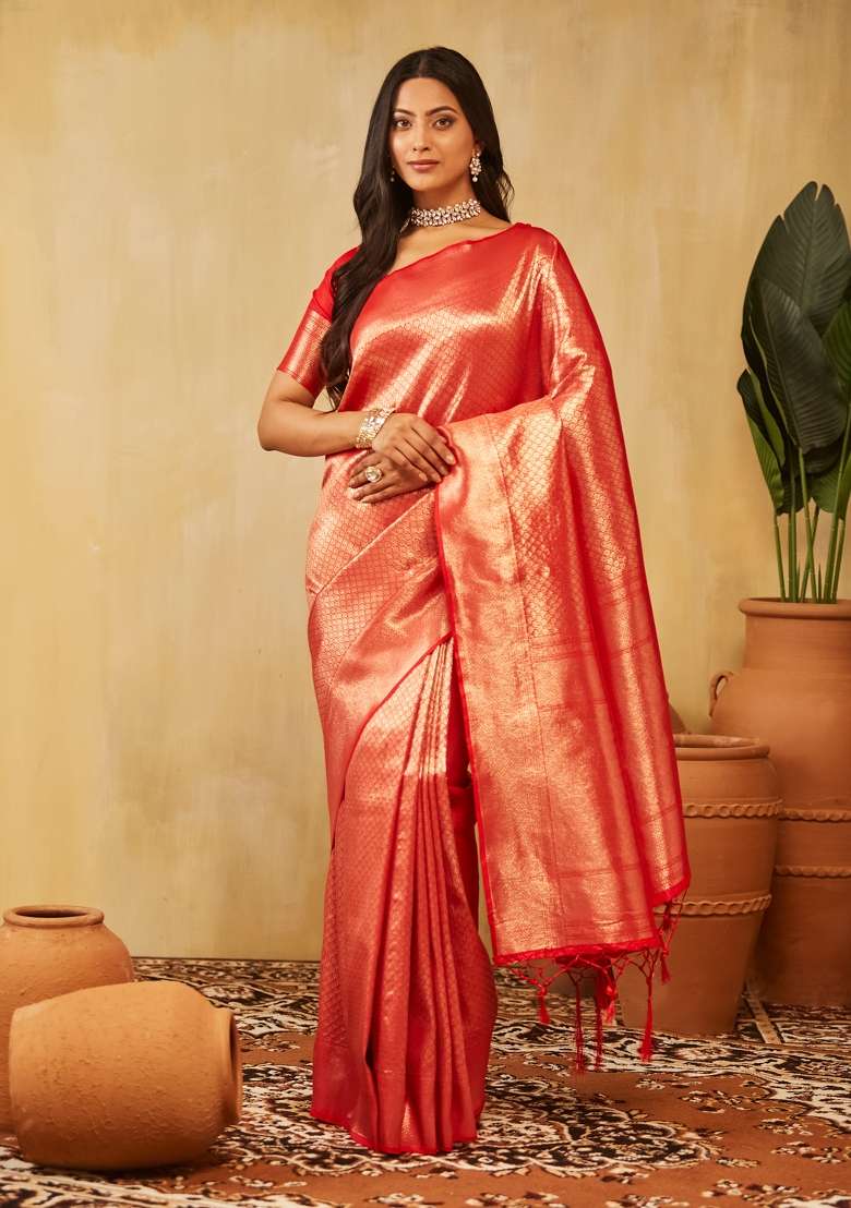 Red Woven Silk Saree Set - Indya