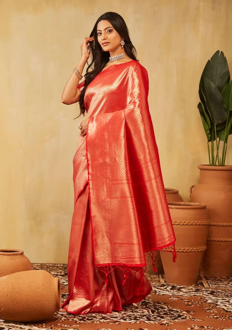 Red Woven Silk Saree Set - Indya