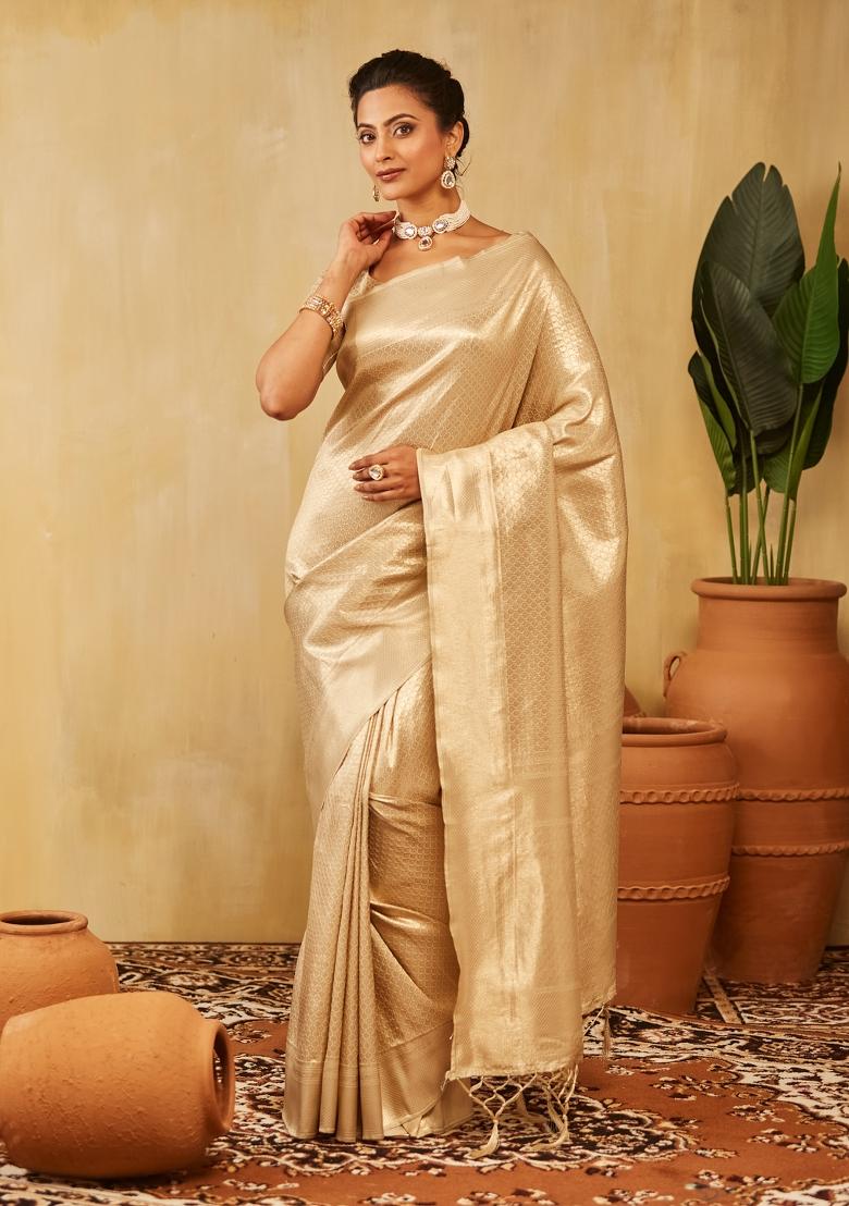 Cream Woven Silk Saree Set