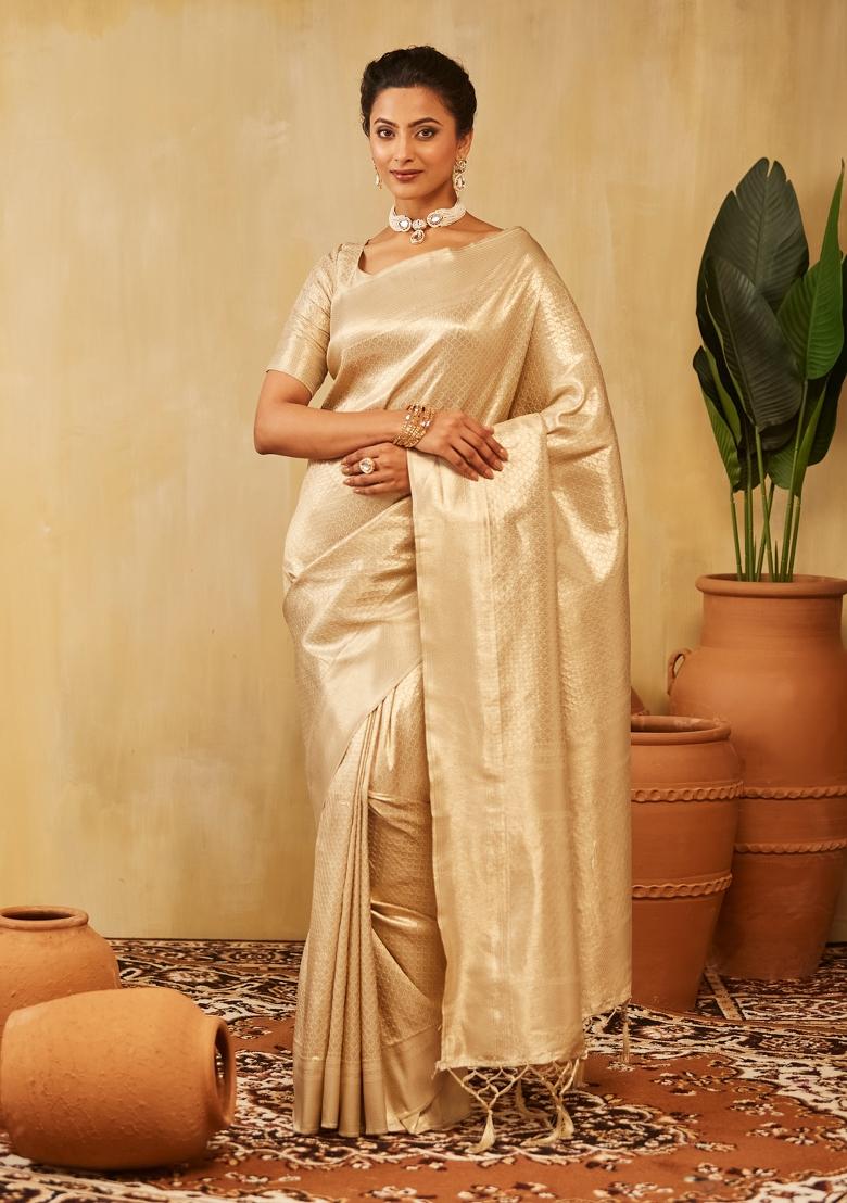 Cream Woven Silk Saree Set