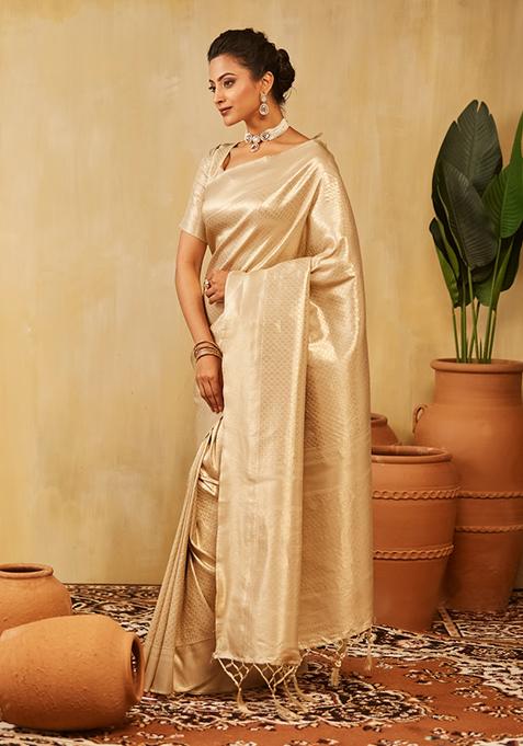 Cream Woven Silk Saree Set