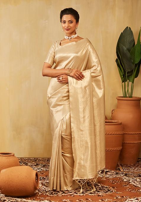 Cream Woven Silk Saree Set