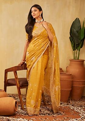 Mustard Yellow Embroidered Chiffon Saree Set