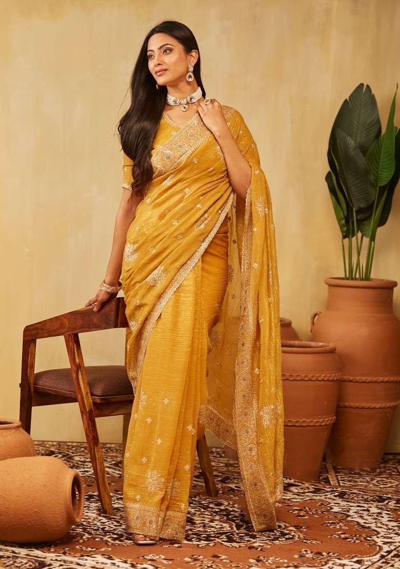 Mustard Yellow Embroidered Chiffon Saree Set - Indya