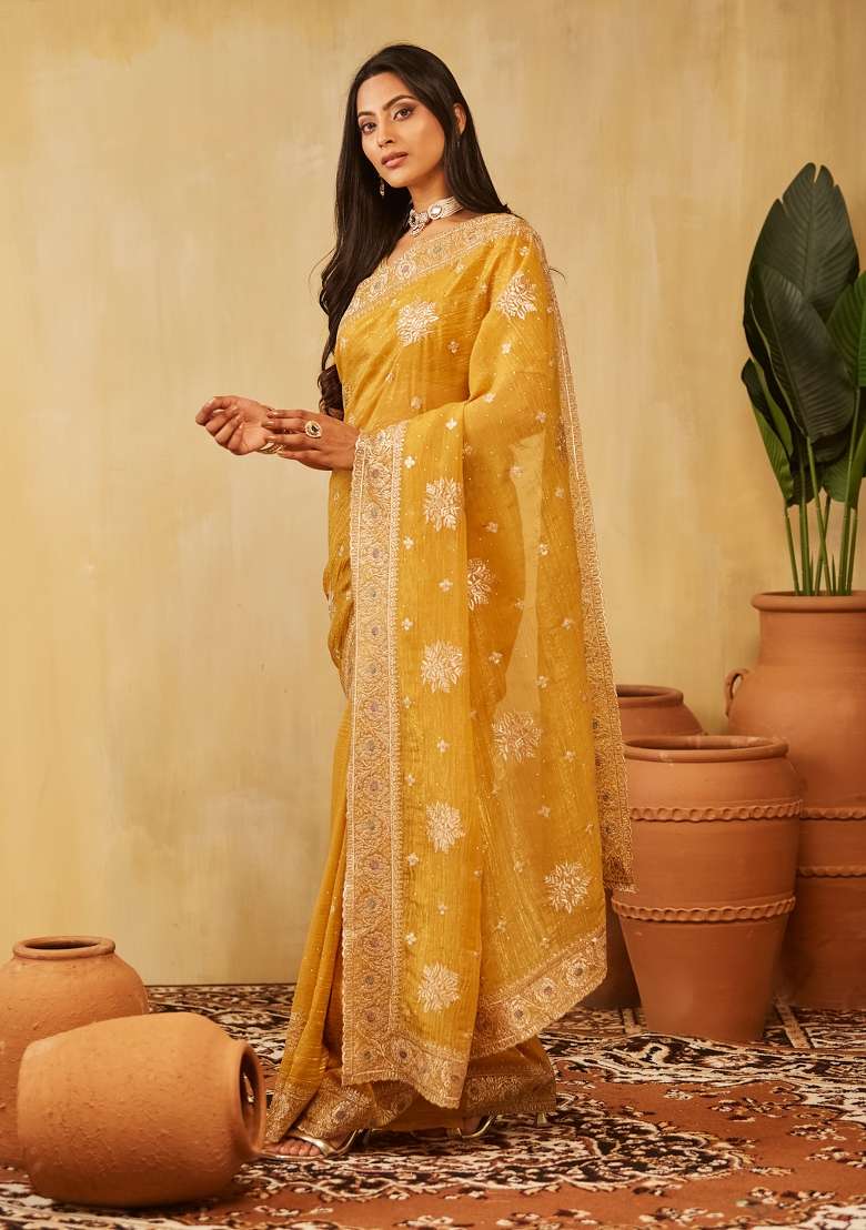 Mustard Yellow Embroidered Chiffon Saree Set - Indya