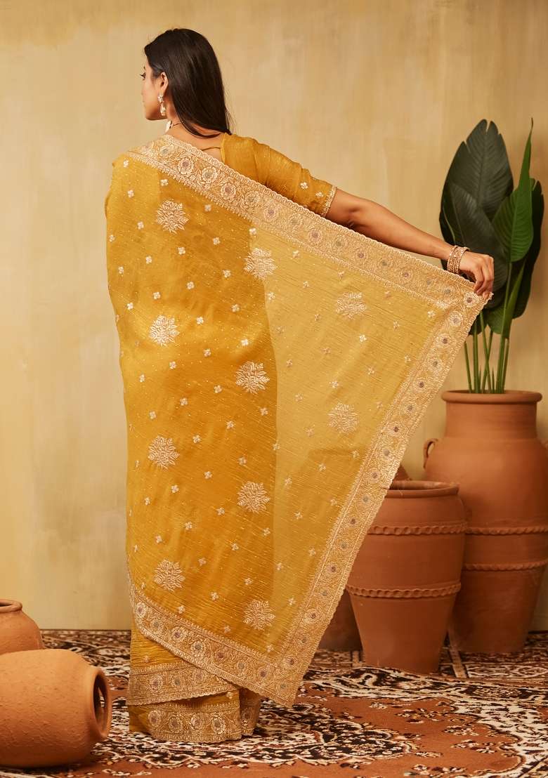 Mustard Yellow Embroidered Chiffon Saree Set - Indya