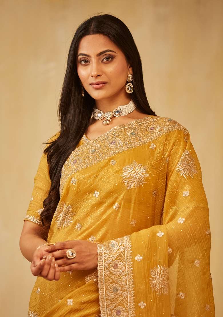 Mustard Yellow Embroidered Chiffon Saree Set - Indya