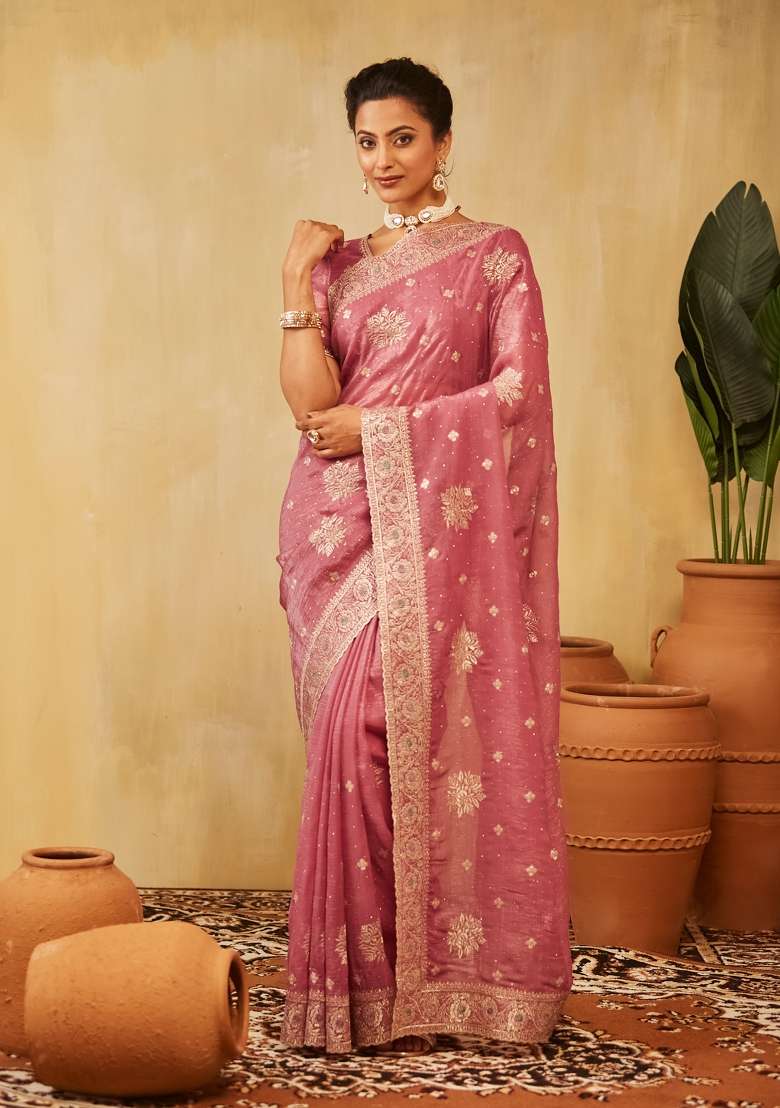 Lavender Purple Embroidered Chiffon Saree Set - Indya
