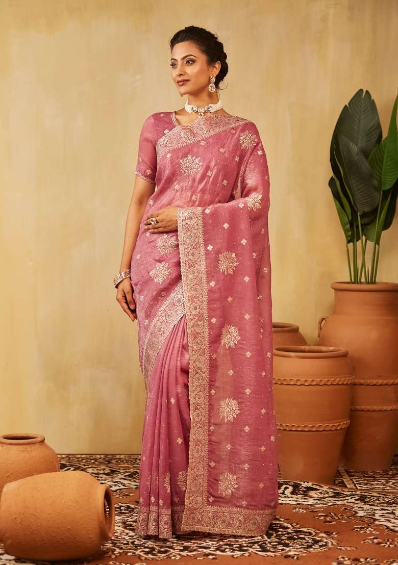 Lavender Purple Embroidered Chiffon Saree Set - Indya