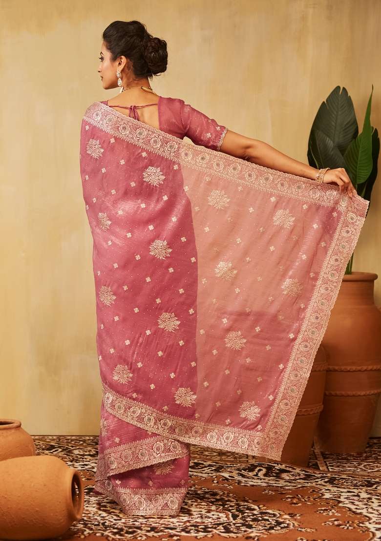 Lavender Purple Embroidered Chiffon Saree Set - Indya
