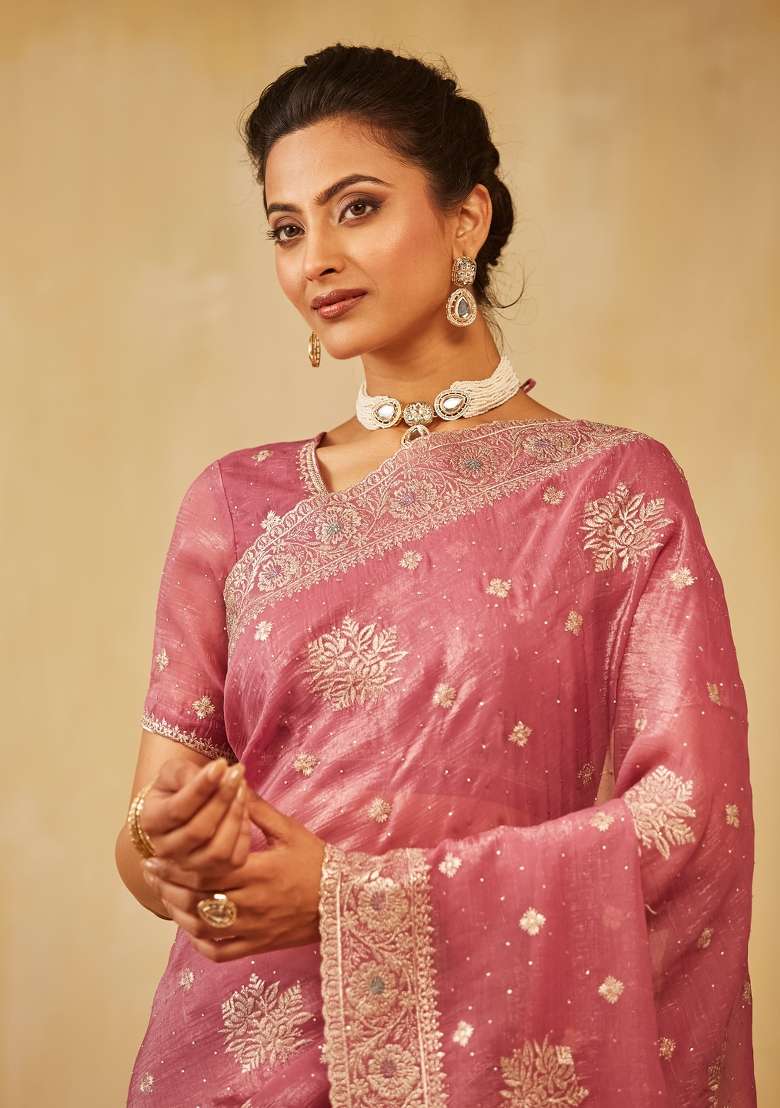 Lavender Purple Embroidered Chiffon Saree Set - Indya