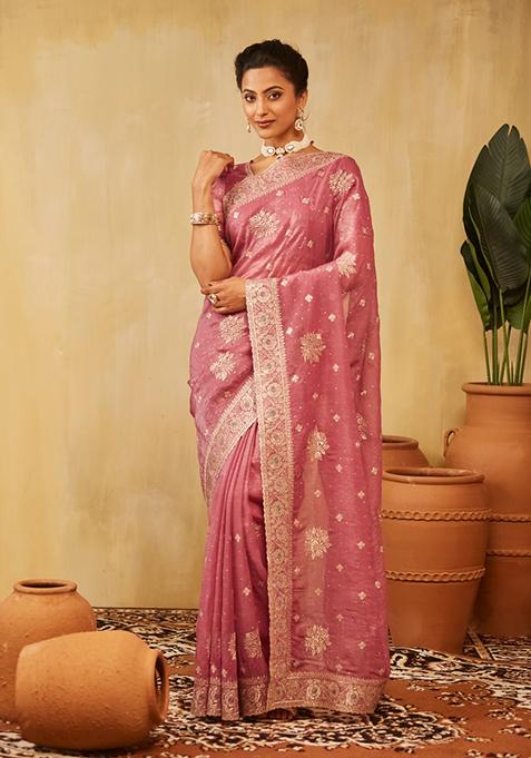 Lavender Purple Embroidered Chiffon Saree Set