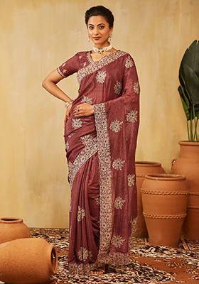 Burgundy Purple Embroidered Chiffon Saree Set