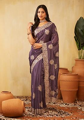 Blue Embroidered Silk Saree Set
