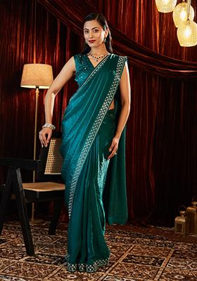 Teal Blue Embellished Silk Saree Set