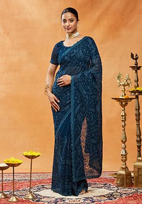 Turquoise Blue Embroidered Georgette Saree Set