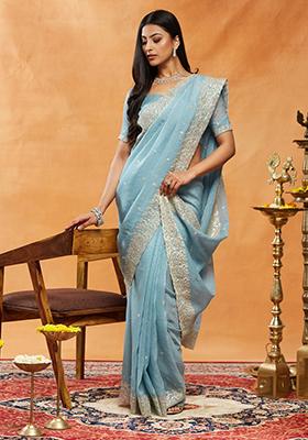Turquoise Blue Embroidered Chiffon Saree Set
