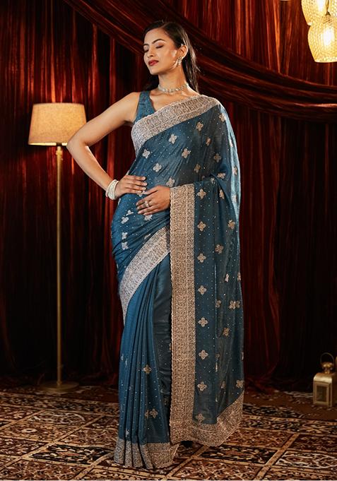 Turquoise Blue Embroidered Chiffon Saree Set
