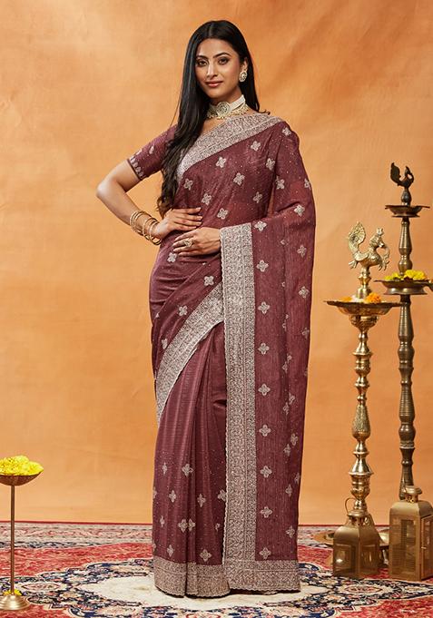 Burgundy Purple Embroidered Chiffon Saree Set