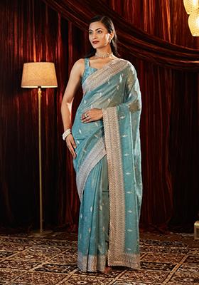 Teal Blue Embroidered Chiffon Saree Set