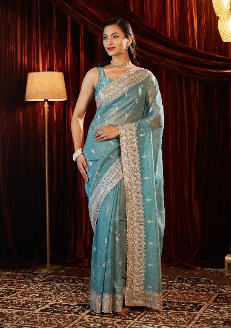 Teal Blue Embroidered Chiffon Saree Set