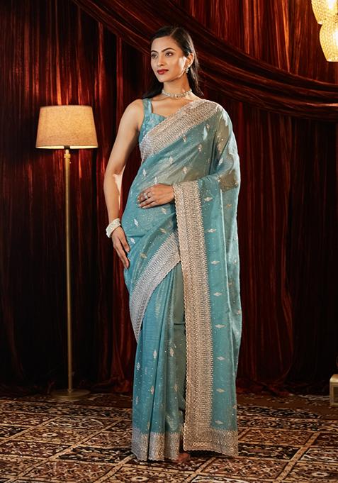 Teal Blue Embroidered Chiffon Saree Set