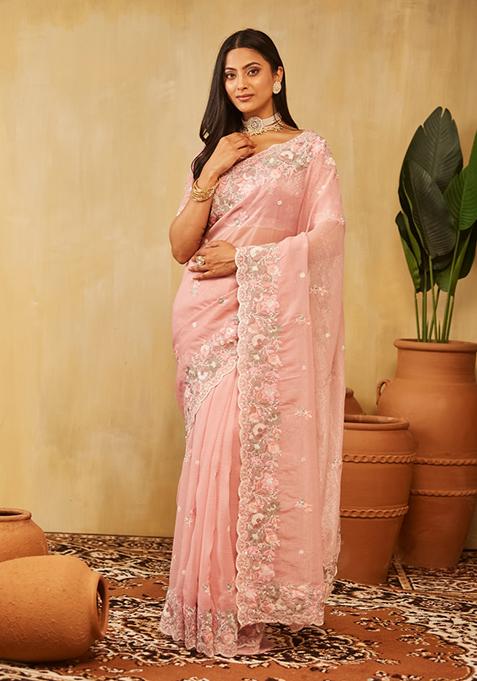 Pink Embroidered Chiffon Saree Set