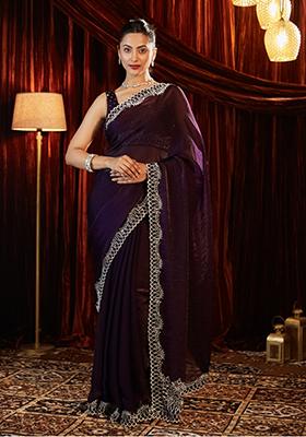 Purple Embellished Silk Saree Set