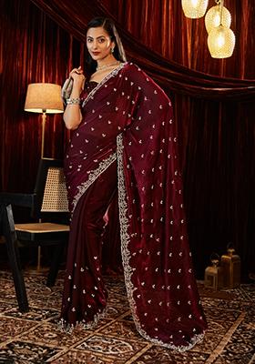 Burgundy Purple Embellished Silk Saree Set