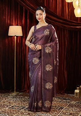 Magenta Pink Embroidered Organza Saree Set