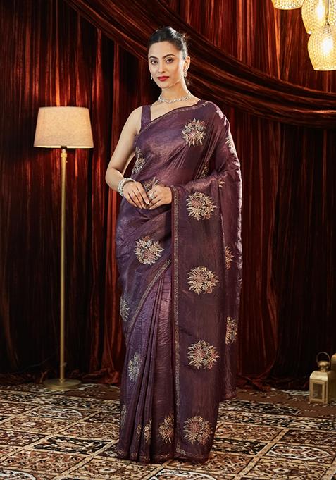 Magenta Pink Embroidered Organza Saree Set