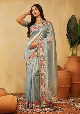 Teal Blue Embroidered Organza Saree Set