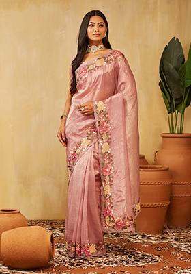 Pink Embroidered Organza Saree Set
