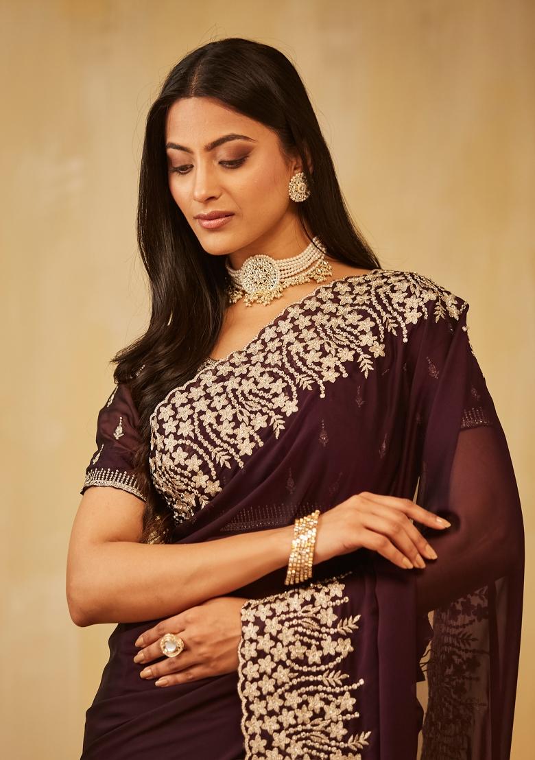 Magenta Pink Embroidered Silk Saree Set - Indya