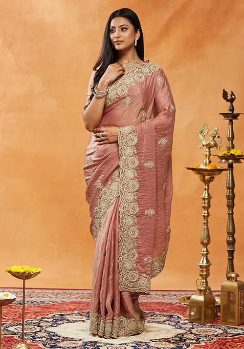 Pink Embellished Silk Saree Set
