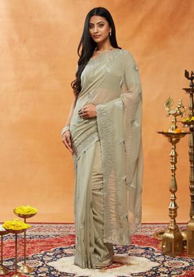 Grey Embroidered Georgette Saree Set
