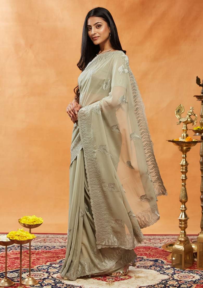 Grey Embroidered Georgette Saree Set - Indya