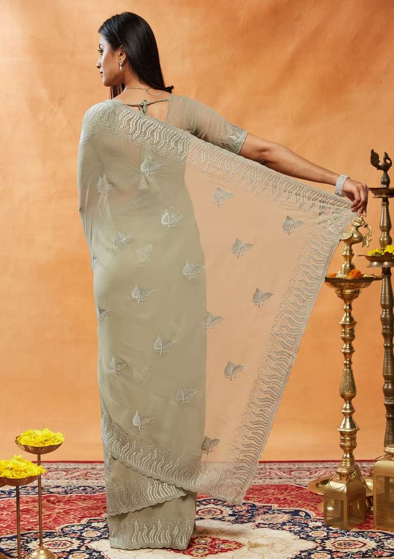Grey Embroidered Georgette Saree Set - Indya