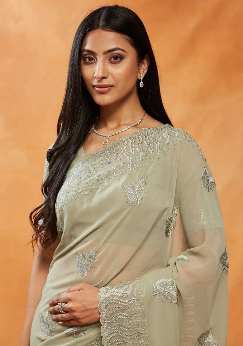 Grey Embroidered Georgette Saree Set - Indya