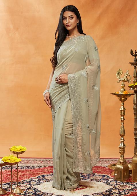 Grey Embroidered Georgette Saree Set