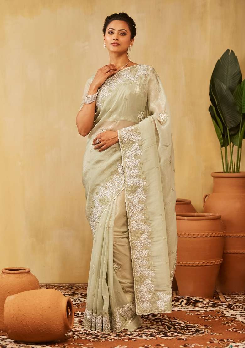 Olive Green Embroidered Silk Saree Set - Indya