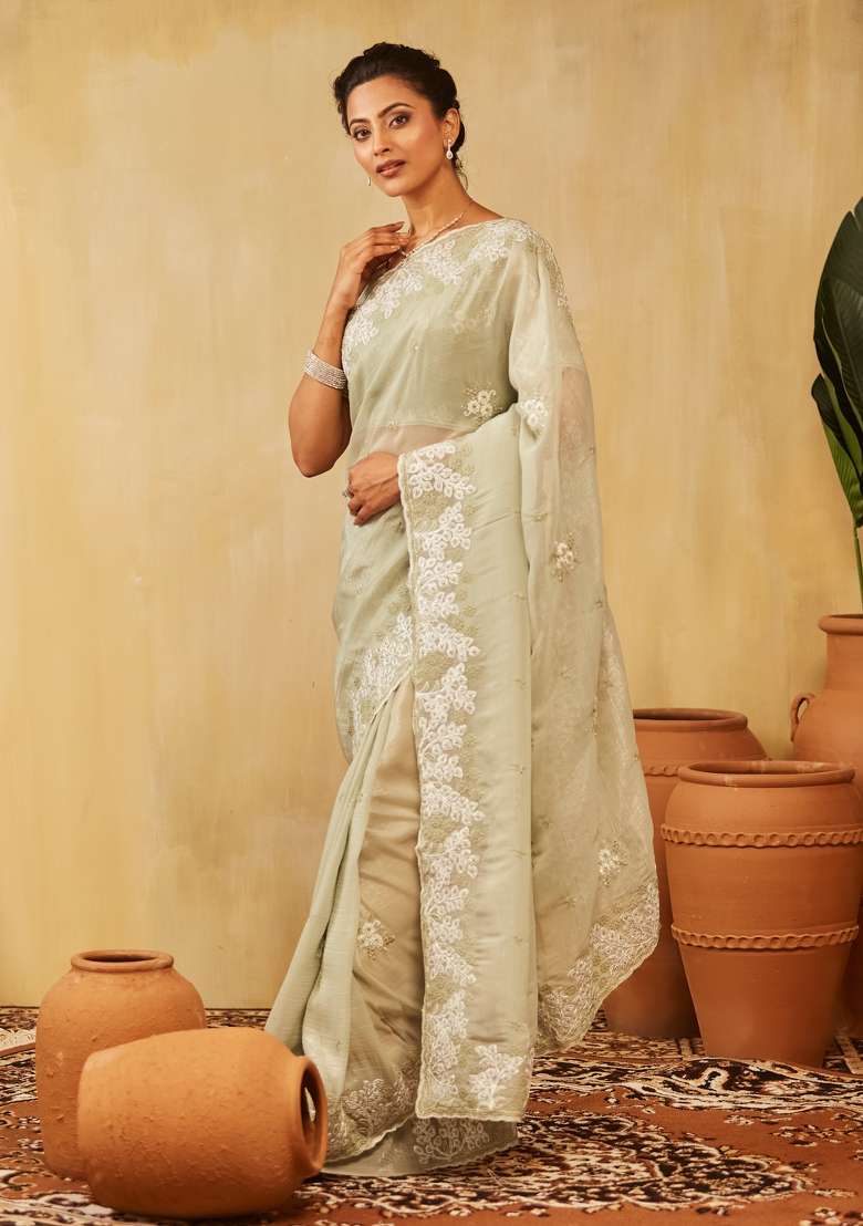 Olive Green Embroidered Silk Saree Set - Indya