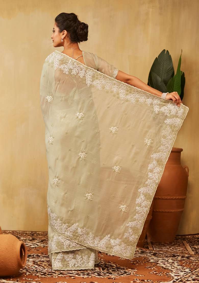 Olive Green Embroidered Silk Saree Set - Indya
