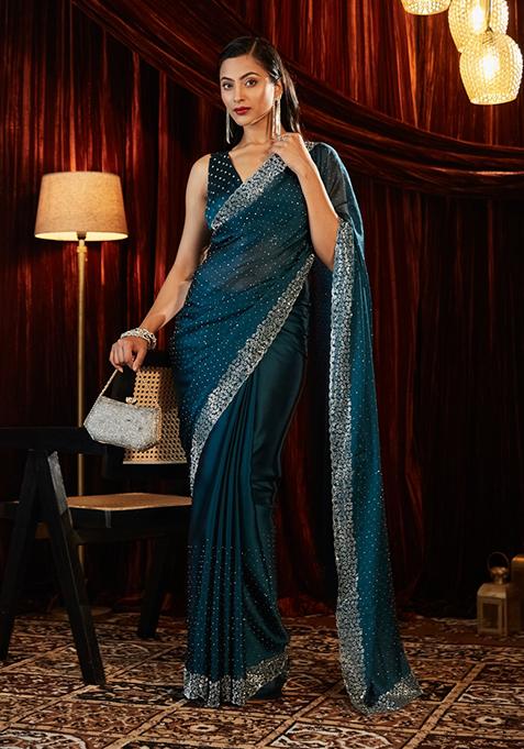 Turquoise Blue Embellished Silk Saree Set