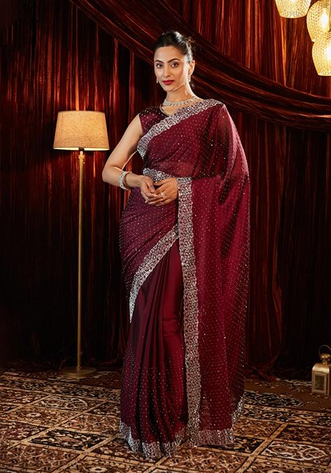 Rose Red Embellished Silk Saree Set