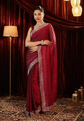 Red Embellished Silk Saree Set