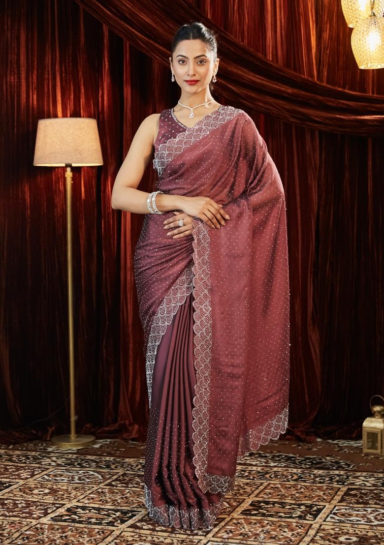 Pink Embellished Silk Saree Set