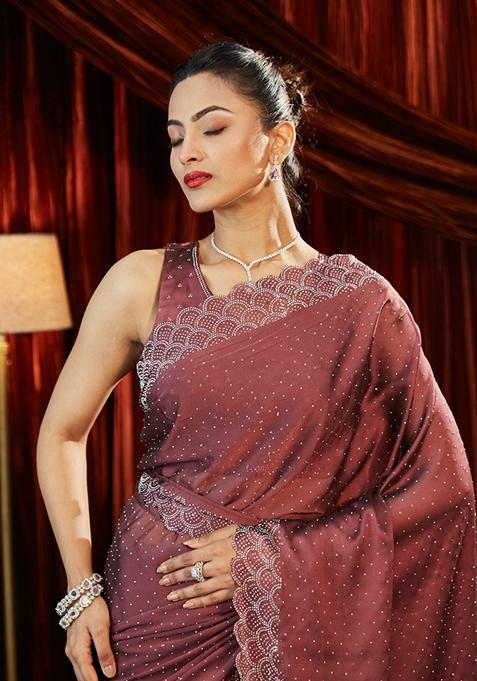 Pink Embellished Silk Saree Set